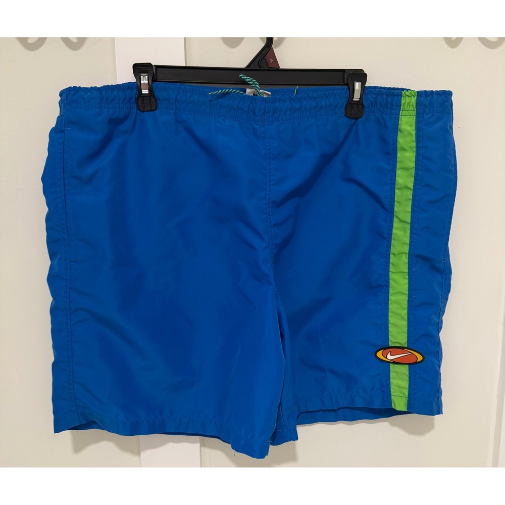 Vintage Nike Swim Trunks Mens Large Blue Lime Green Stripe 90s Mesh Lined Shorts